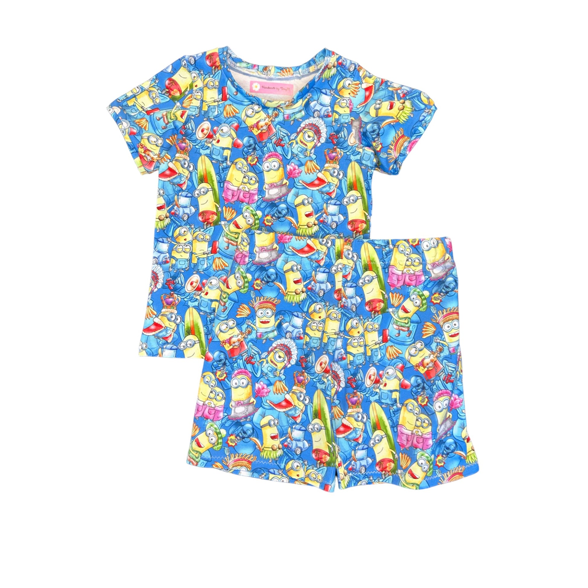 Yellow character kids outfit – size 4
Handmade cartoon T shirt and shorts set